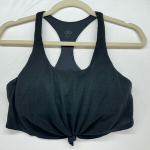 Alo Yoga Sports Bra Womens Small Black Ribbed Knot Front Racerback Lined Stretch